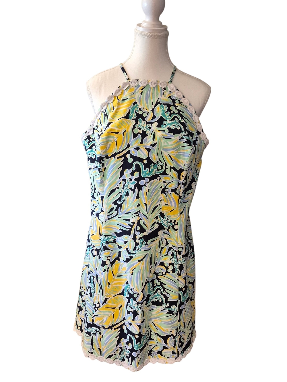 crown & ivy  Halter  Dress with Yellow & Aqua Leaf Print